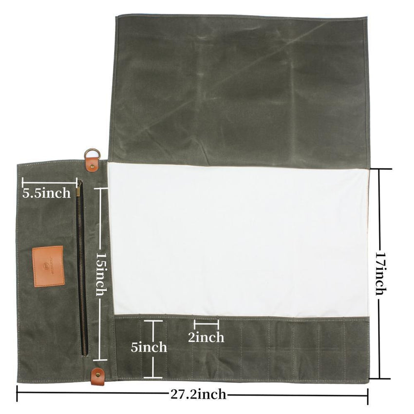 11-Pocket Canvas Knife Bag – Green Roll-Up Chef’s Organizer - Fansee Australia