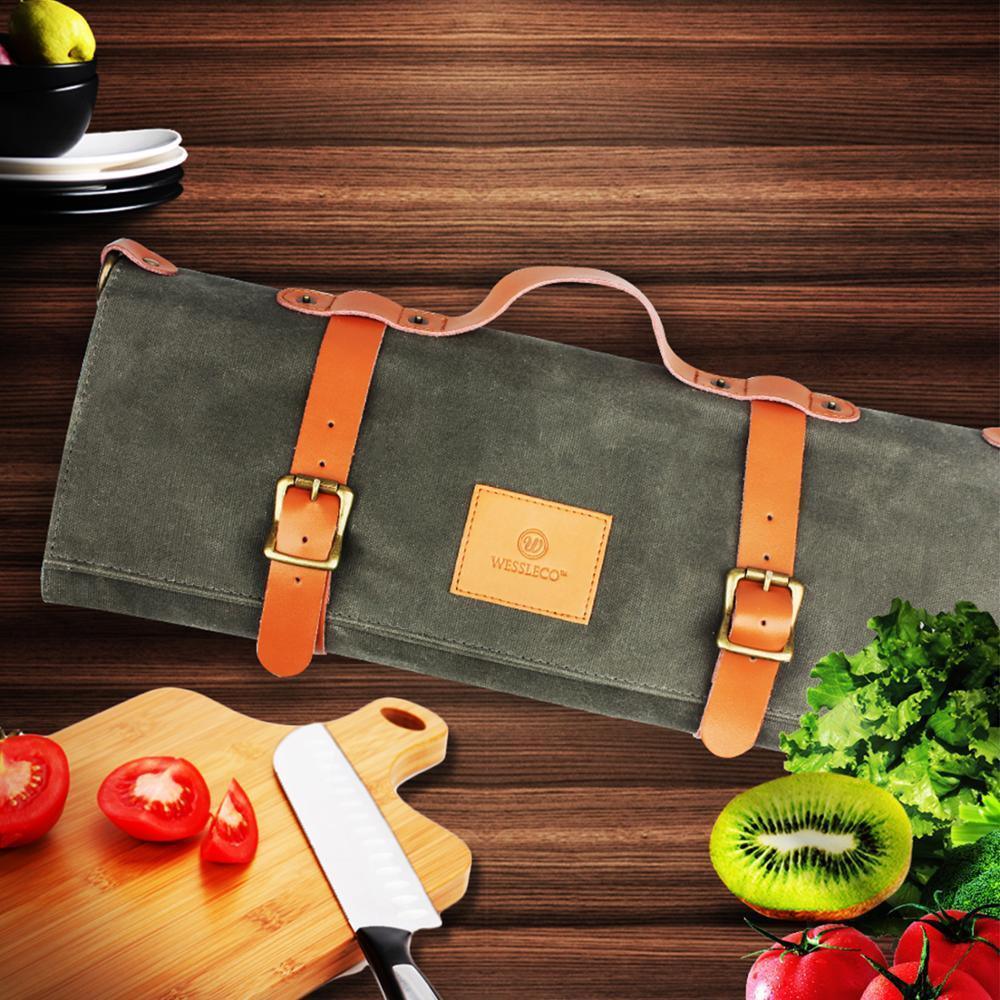 11-Pocket Canvas Knife Bag – Green Roll-Up Chef’s Organizer - Fansee Australia