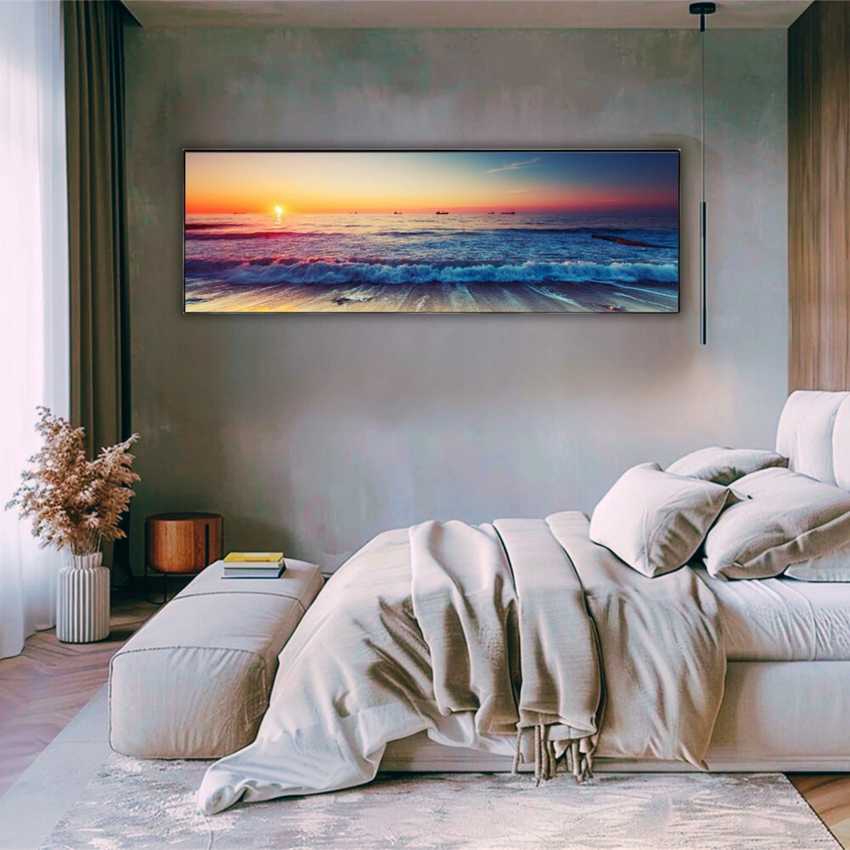 Sunset Symphony – Beach Horizon Framed Wall Art (50x150cm)