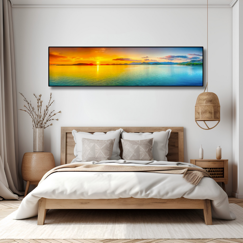Golden Tranquility – Panoramic Ocean Sunset Framed Canvas (150x50cm)