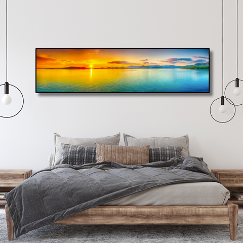 Golden Tranquility – Panoramic Ocean Sunset Framed Canvas (150x50cm)