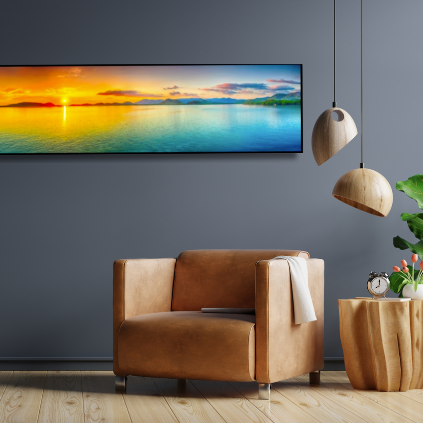 Golden Tranquility – Panoramic Ocean Sunset Framed Canvas (150x50cm)