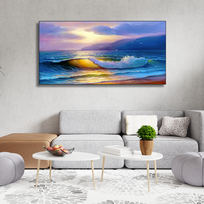 Tranquil Shoreline – Framed Ocean Wave Sunset Canvas Wall Art (70x100cm)