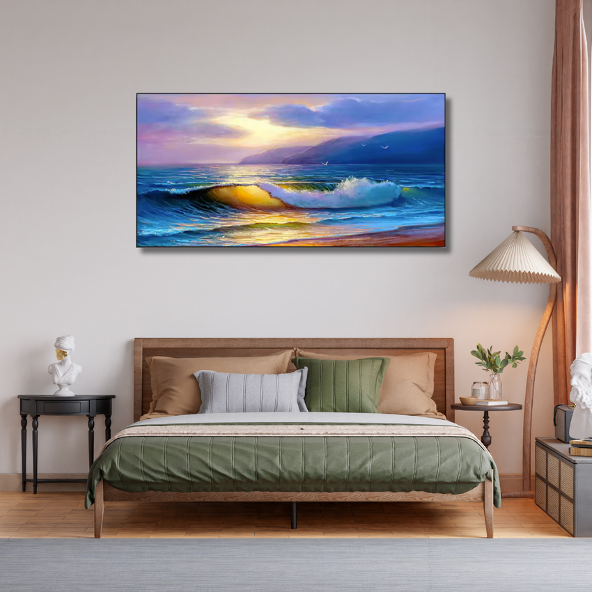 Tranquil Shoreline – Framed Ocean Wave Sunset Canvas Wall Art (70x100cm)