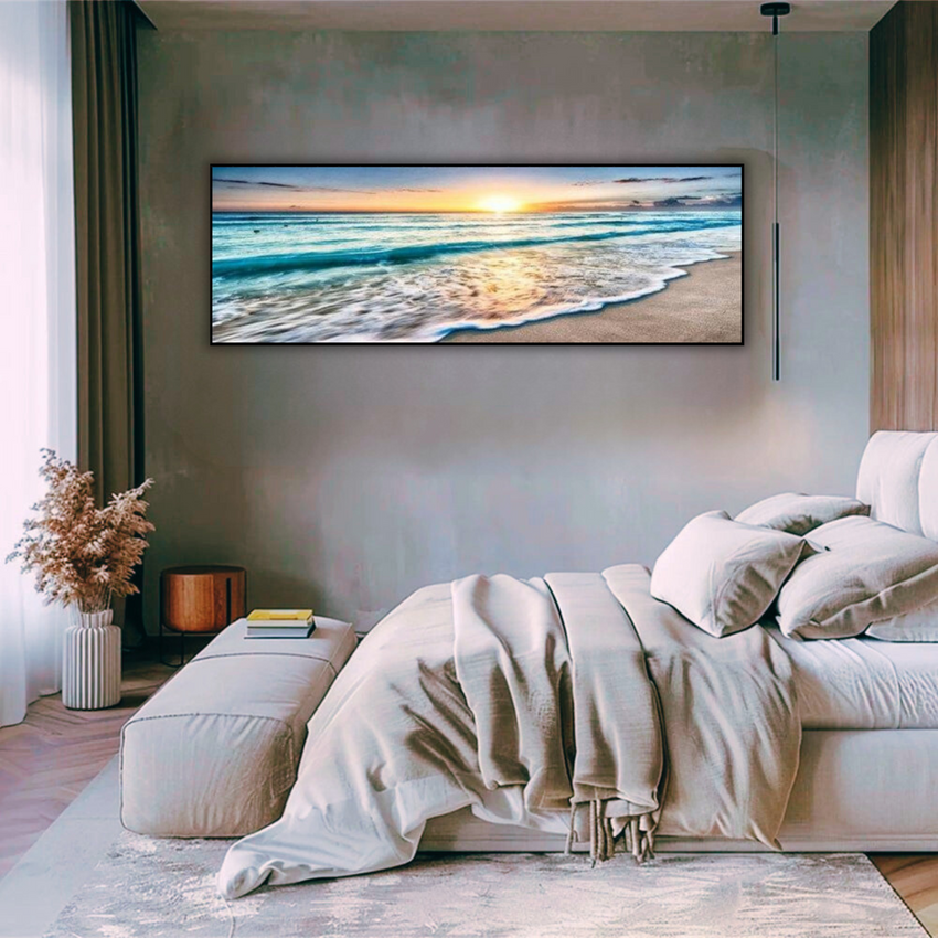 Serene Tide – Panoramic Sunset Beach Wall Print (50x150cm)