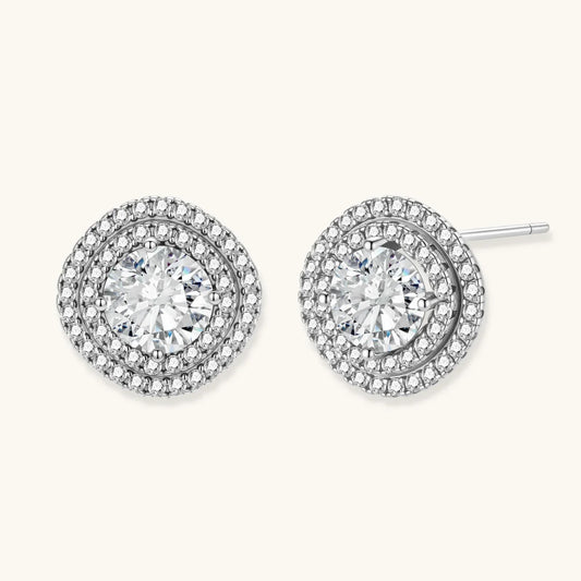 Elegant diamond halo stud earrings with sparkling round center stones and pave accents
