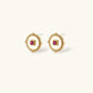 Gold stud earrings with pink gemstone center and crystal halo, elegant jewelry for women
