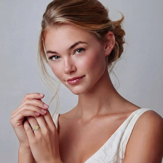 Woman wearing elegant heart-shaped yellow gemstone ring with diamond accents, perfect for unique gifts or special occasions.