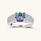 Elegant silver ring with rainbow gemstone and crystal accents, perfect for unique gifts or special occasions.
