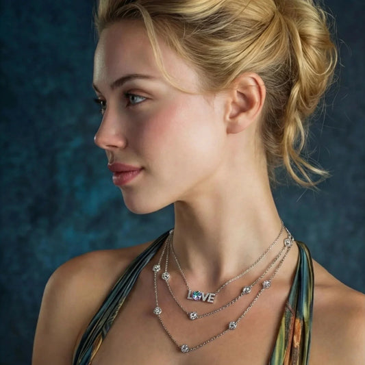 Elegant layered necklace with 'LOVE' pendant and crystal accents, perfect for gifting or everyday wear.