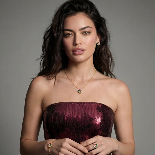 Elegant woman wearing colorful gemstone necklace, earrings, ring, and bracelet with gold chain, styled in sequin dress