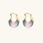 Gold hoop earrings with blue and pink enamel stripes, modern statement jewelry for women