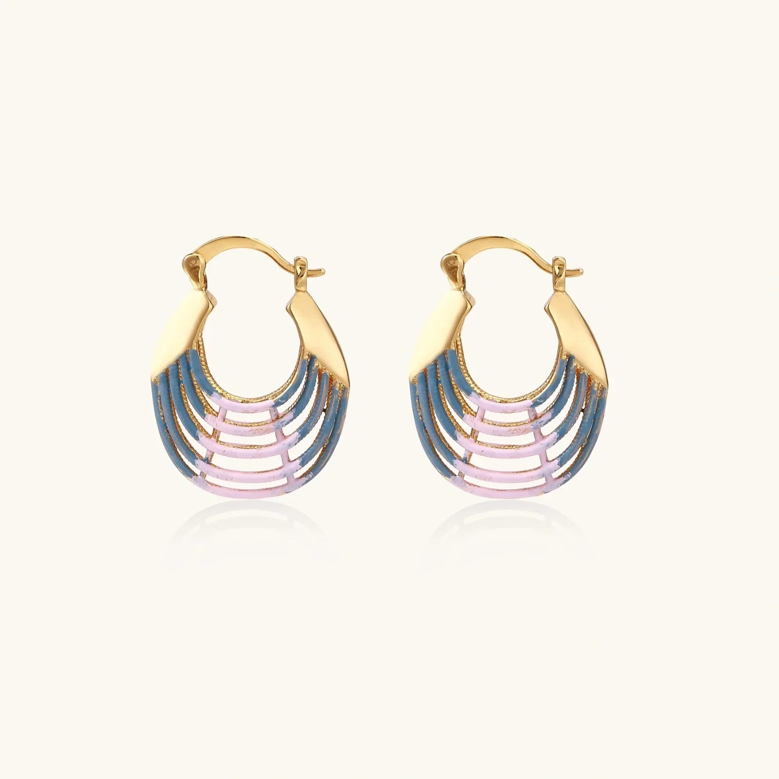Gold hoop earrings with blue and pink enamel stripes, modern statement jewelry for women