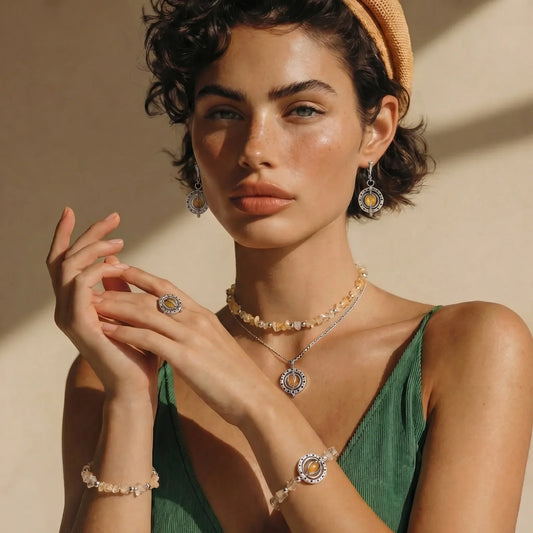 Woman wearing boho jewelry set with amber stones, layered necklaces, earrings, ring, and bracelets for stylish home décor gifting.