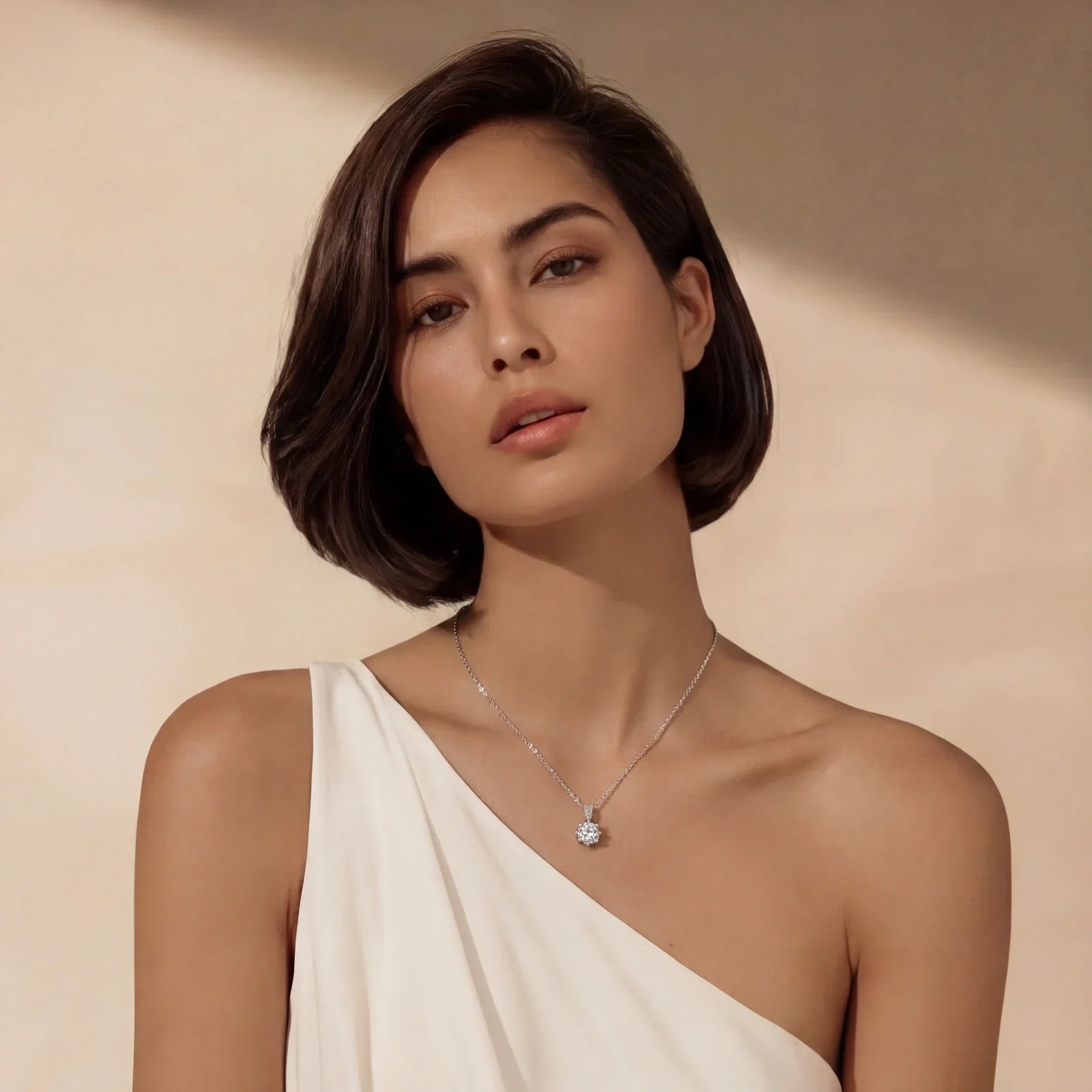 Elegant woman wearing a sparkling diamond pendant necklace with a white one-shoulder dress