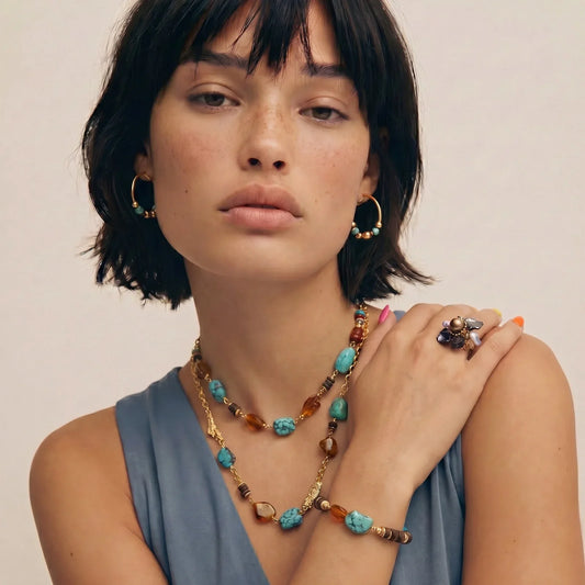 Boho turquoise and amber beaded necklace, hoop earrings, and statement ring for stylish home décor lovers