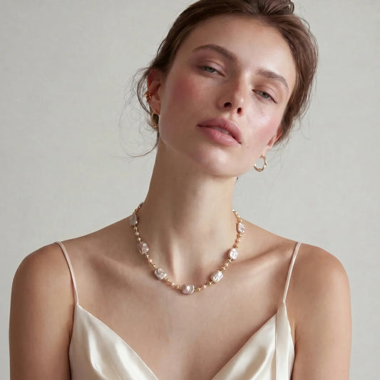 Elegant pearl necklace with gold beads, styled with hoop earrings and silk camisole for chic home décor gifting