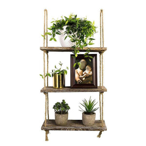 3 Tiers Rustic Wood Jute Rope Wall Hanging Floating Shelf - Fansee Australia