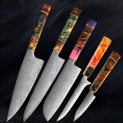 5-Piece Damascus Steel Chef Knife Set – Patterned Finish - Fansee Australia