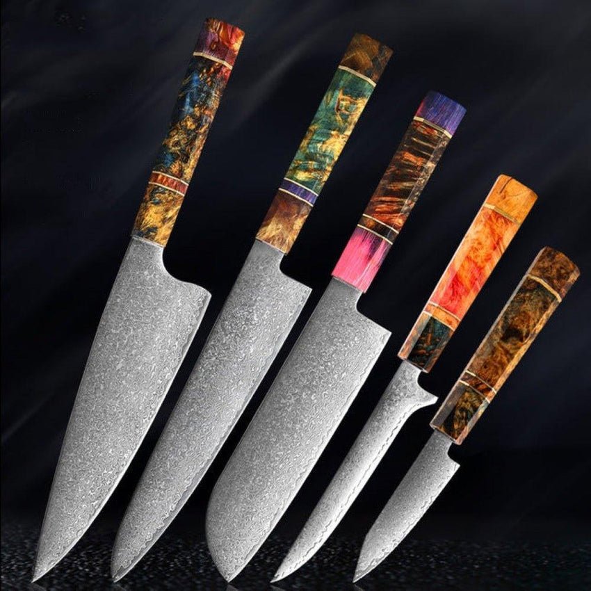 5-Piece Damascus Steel Chef Knife Set – Patterned Finish - Fansee Australia