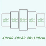 Size chart for 5 panel framed canvas prints, showing measurements in inches and centimeters.