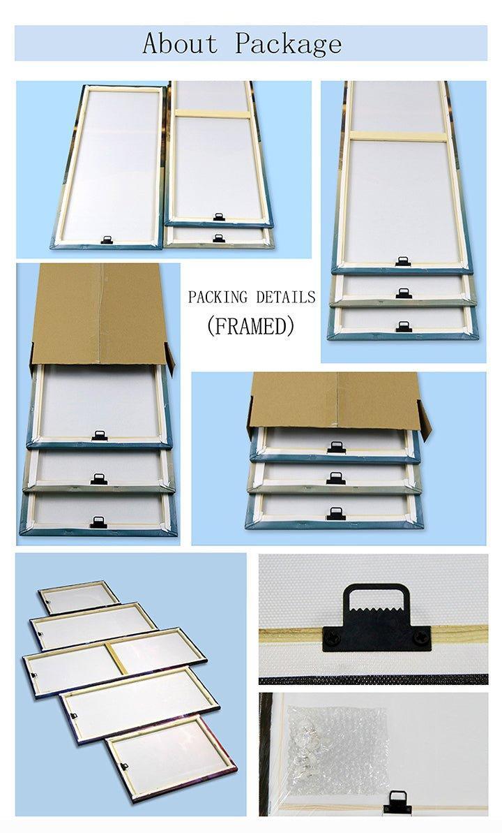 Framed canvas wall art 5-panel set packaging details with cardboard and hangers, Fansee Australia