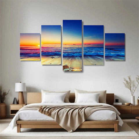 Modern bedroom with wooden bed, neutral bedding, and multi-panel ocean sunset wall art, Fansee Australia home decor.