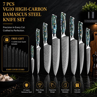 7-Piece Japanese VG10 Damascus-Style Chef Knife Set – Abalone Shell Handles