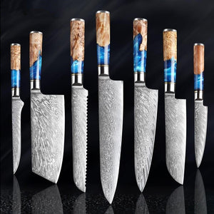 7-Piece 90Cr18MoV Core Chef Knife Set – Damascus-Style Pattern, Ultra Sharp with Ergonomic Wooden Handles