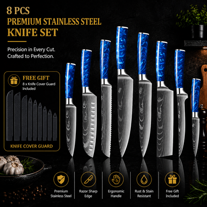 8-Piece Blue Handle Knife Set – High Carbon Stainless Steel