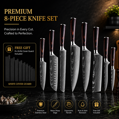 8-Piece Walnut Handle High Carbon Stainless Steel Knife Set – Kitchen Essentials