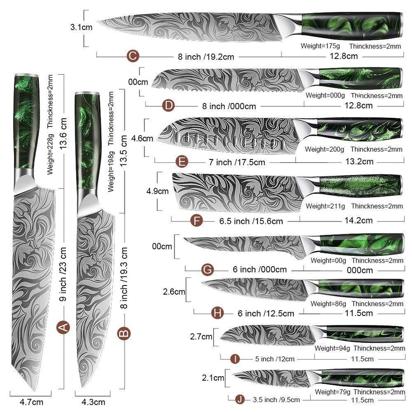 8 Pcs High Carbon Stainless Steel Knife Set Green - Fansee Australia