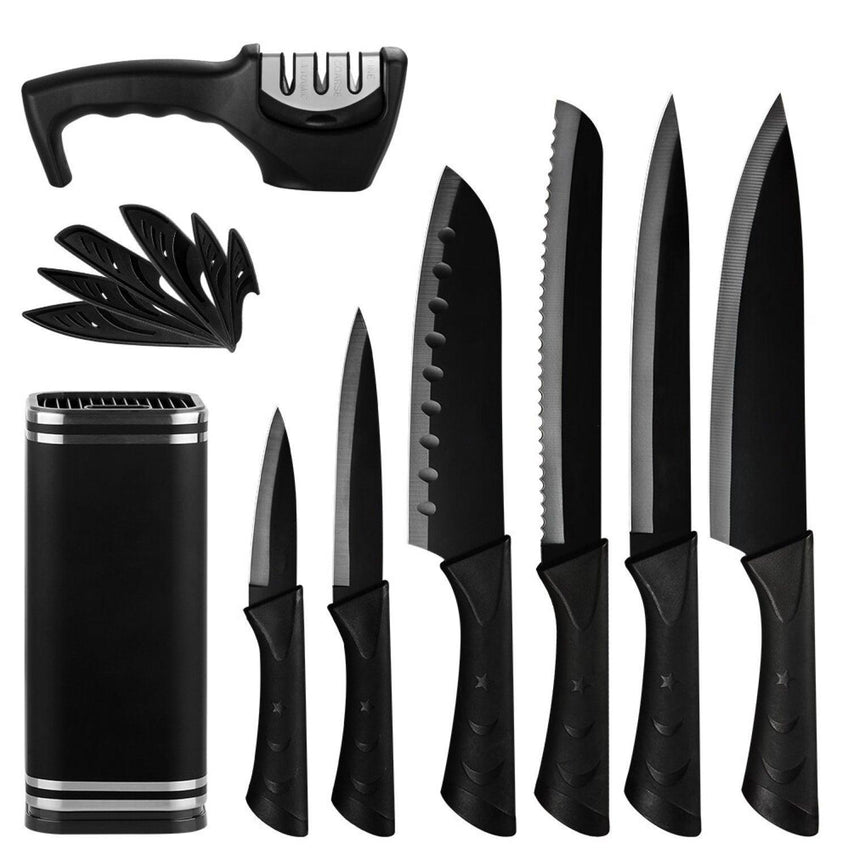 8 Pcs High Quality Stainless Steel Black Kitchen Knives Set With Holder Sharpener - Fansee Australia