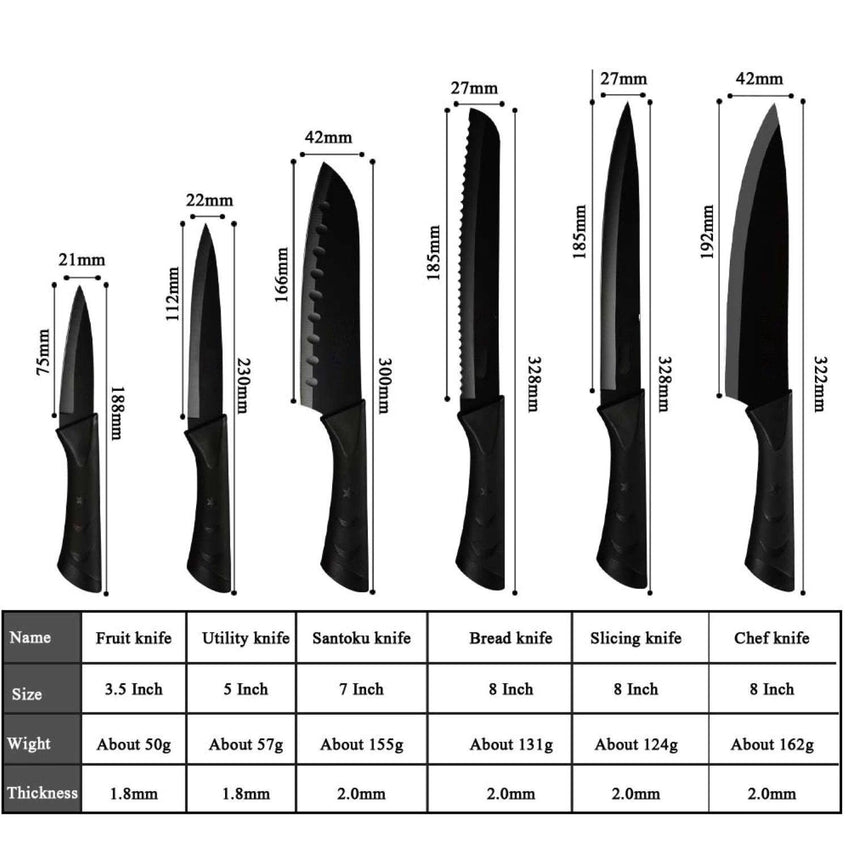 8 Pcs High Quality Stainless Steel Black Kitchen Knives Set With Holder Sharpener - Fansee Australia