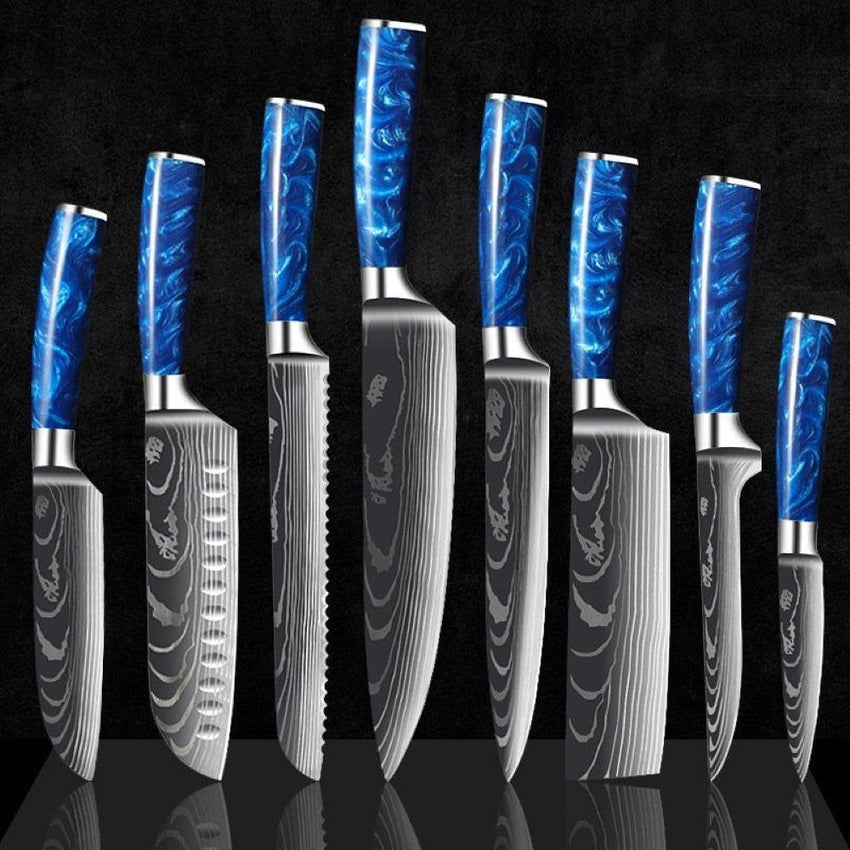 8-Piece Blue Handle Knife Set – High Carbon Stainless Steel - Fansee Australia