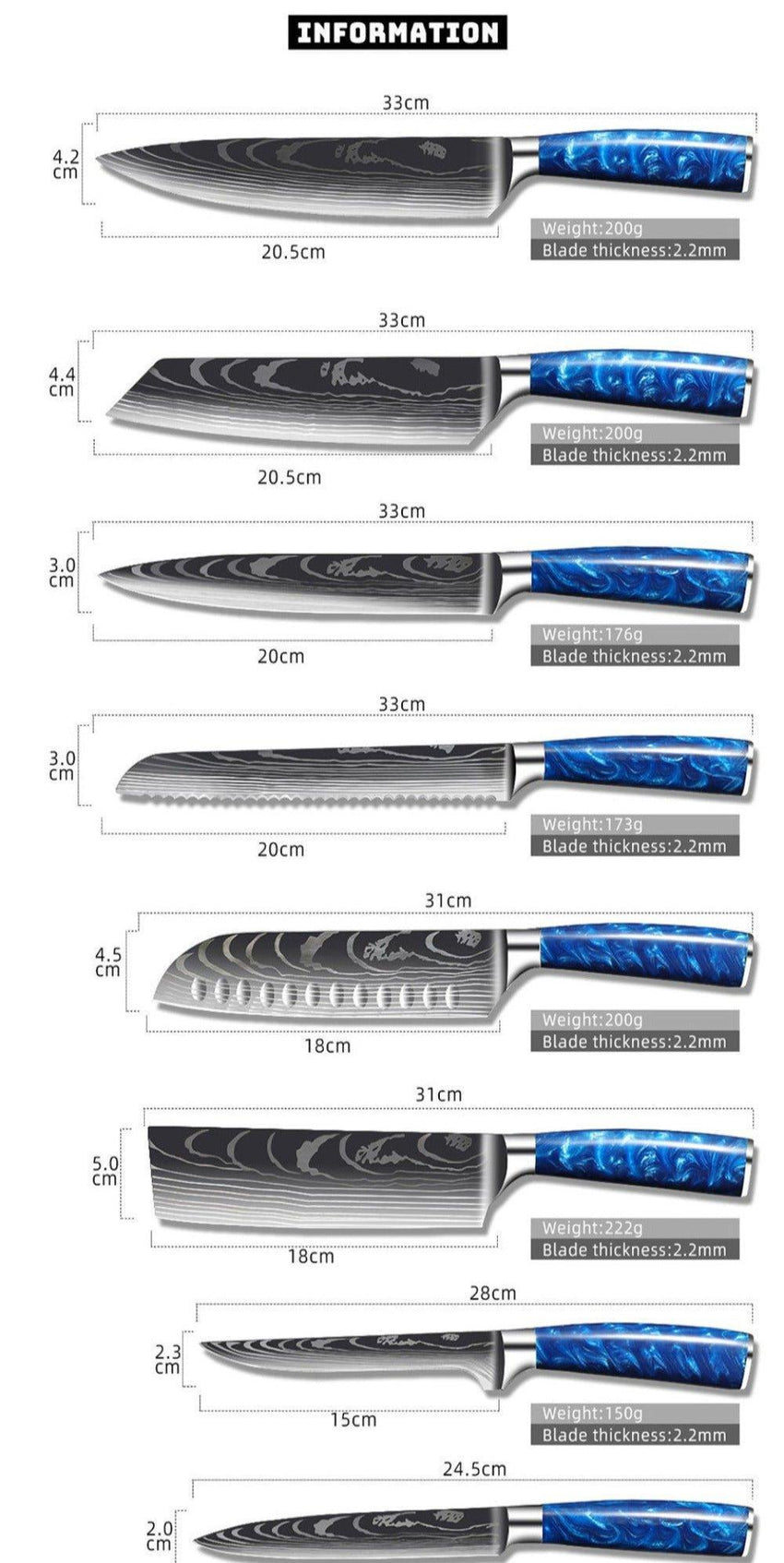 8-Piece Blue Handle Knife Set – High Carbon Stainless Steel - Fansee Australia