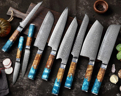 9-Piece Japanese Damascus Steel Chef Knife Set – Razor Sharp Blades - Fansee Australia