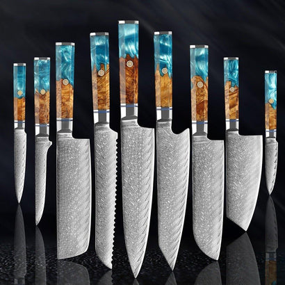 9-Piece Japanese Damascus Steel Chef Knife Set – Razor Sharp Blades - Fansee Australia