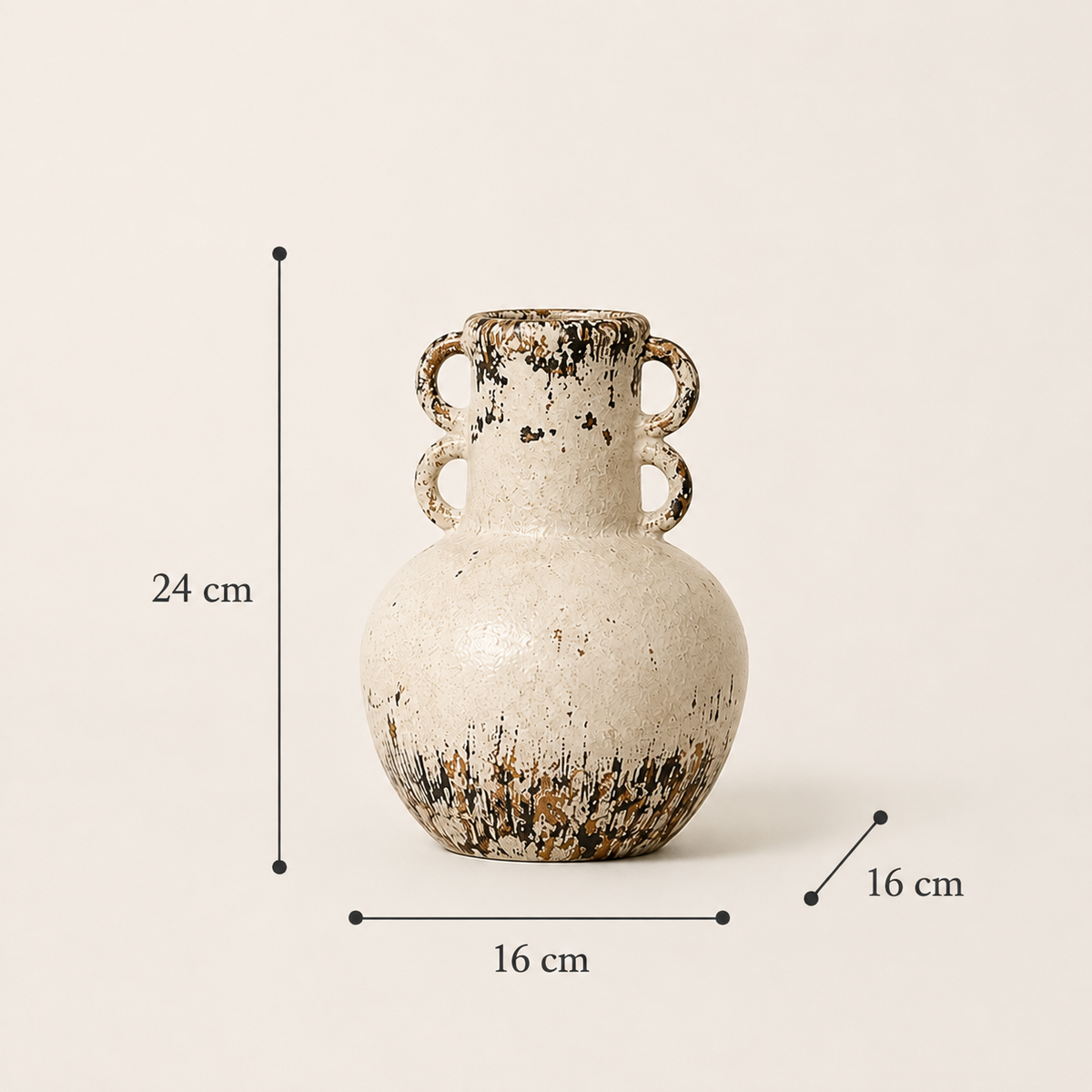 Rustic antique white MgO decorative vase with black brown distressed finish and sculptural handles - Fansee Australia
