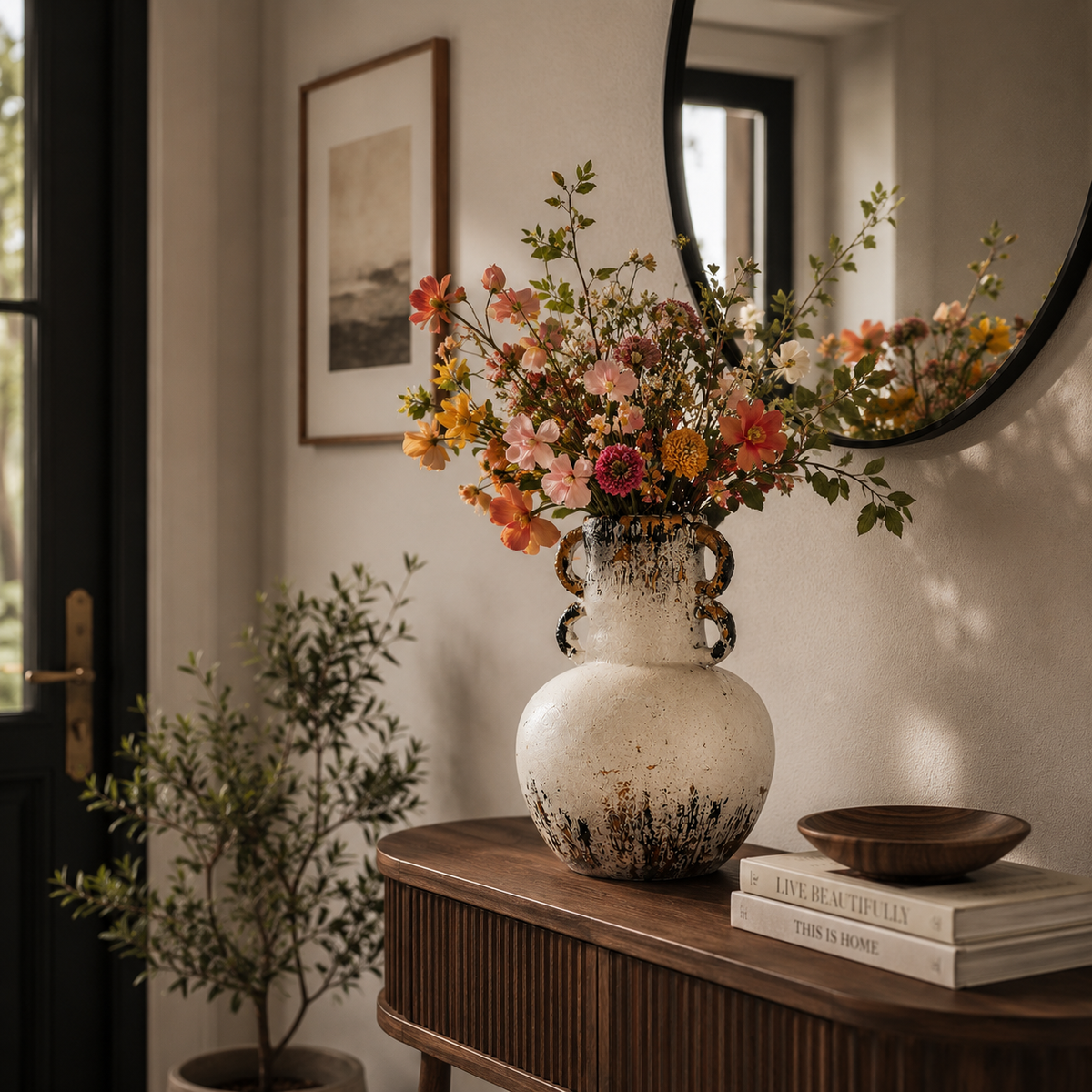 Rustic antique white MgO decorative vase with black brown distressed finish and sculptural handles - Fansee Australia