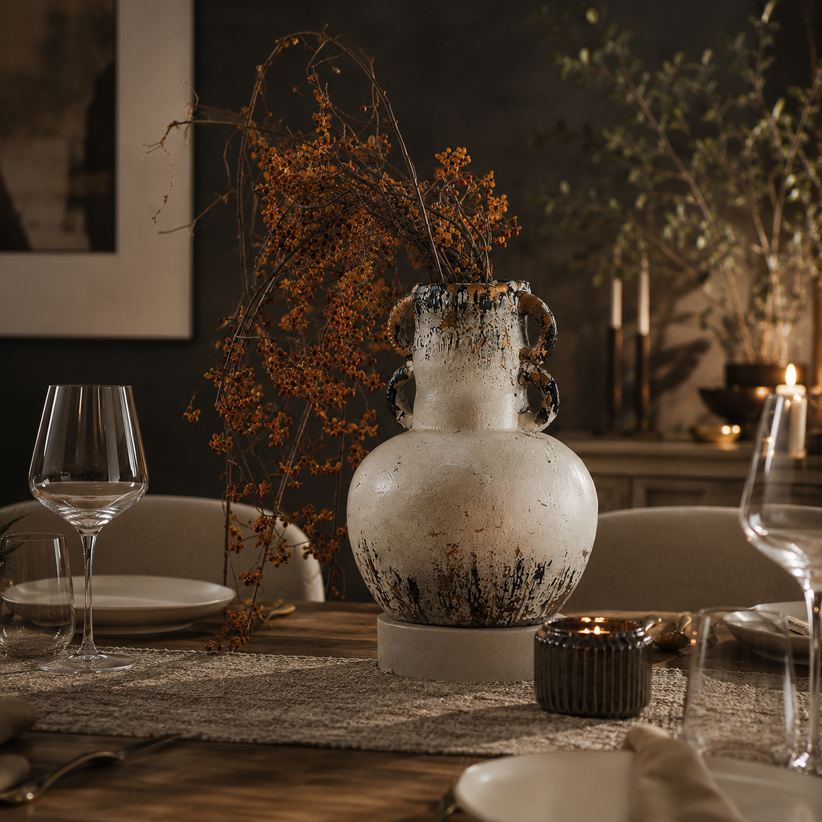 Rustic antique white MgO decorative vase with black brown distressed finish and sculptural handles - Fansee Australia