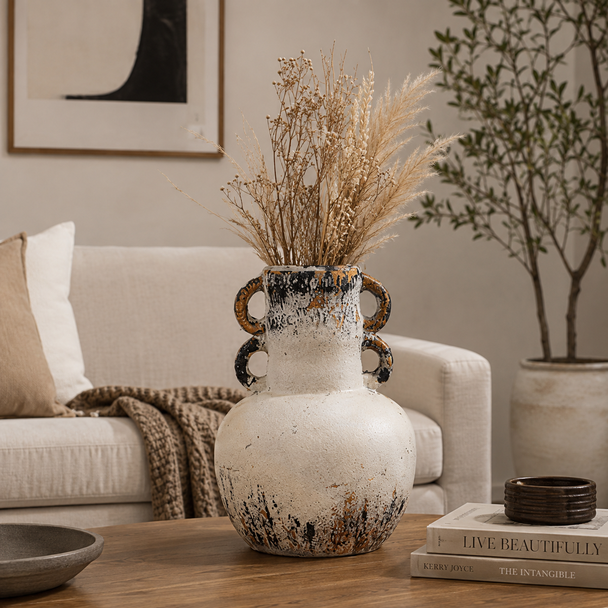 Rustic antique white MgO decorative vase with black brown distressed finish and sculptural handles - Fansee Australia
