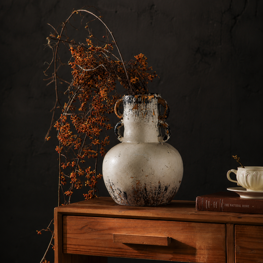 Rustic antique white MgO decorative vase with black brown distressed finish and sculptural handles - Fansee Australia