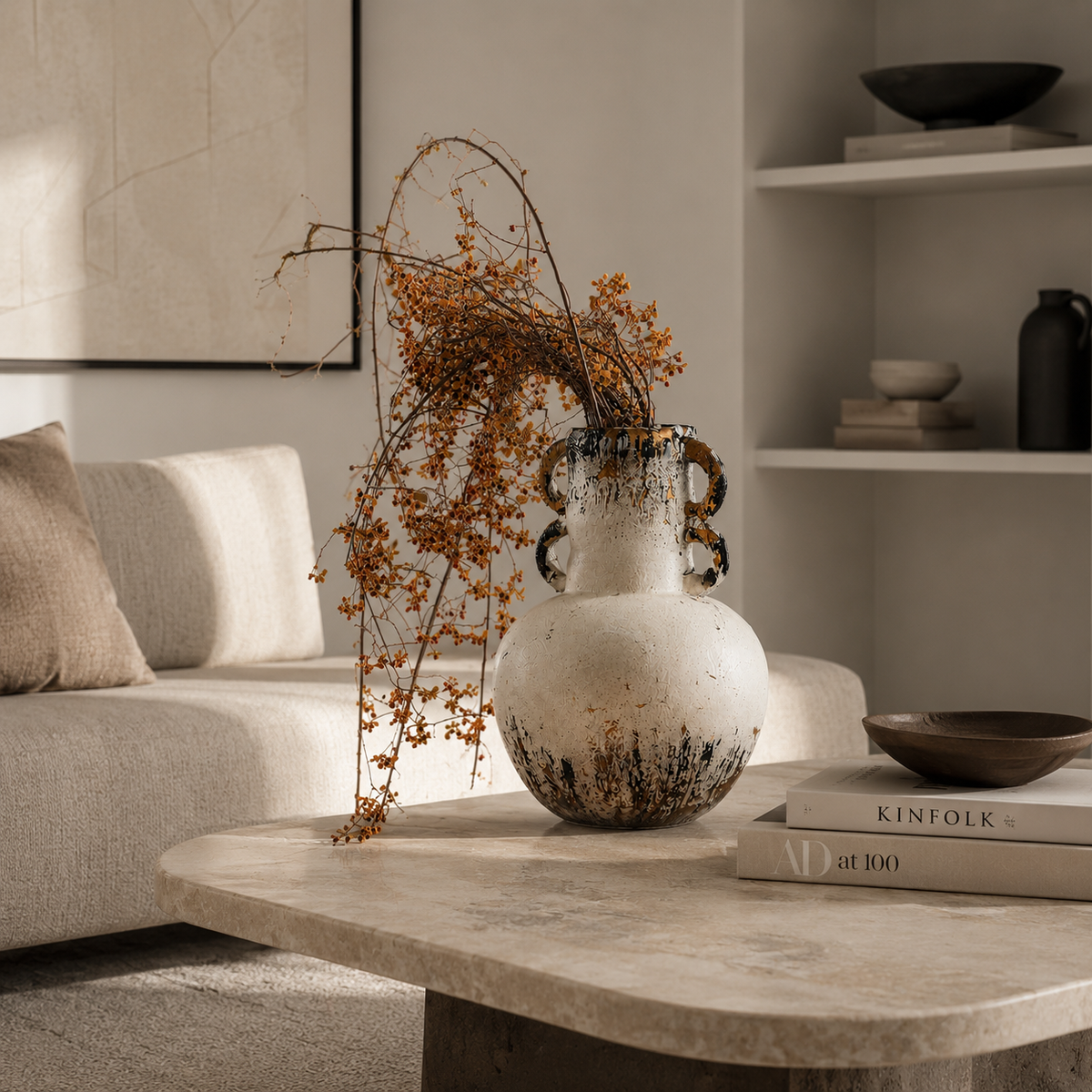 Rustic antique white MgO decorative vase with black brown distressed finish and sculptural handles - Fansee Australia