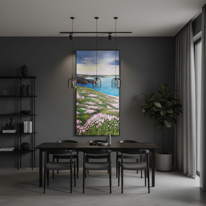 Meadow by the Sea: Hand-Painted Coastal Landscape Oil Painting (60x120cm)