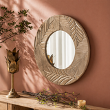Solstice Carved Wood Round Wall Mirror – Natural Artisan Frame