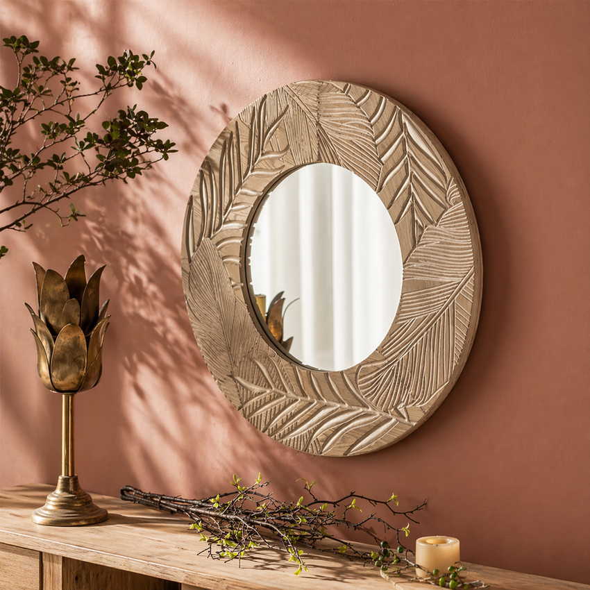 Solstice Carved Wood Round Wall Mirror – Natural Artisan Frame