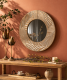 Solstice Carved Wood Round Wall Mirror – Natural Artisan Frame