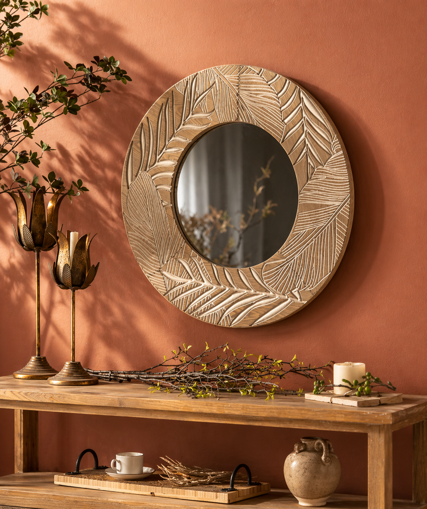 Solstice Carved Wood Round Wall Mirror – Natural Artisan Frame