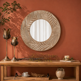 Solstice Carved Wood Round Wall Mirror – Natural Artisan Frame
